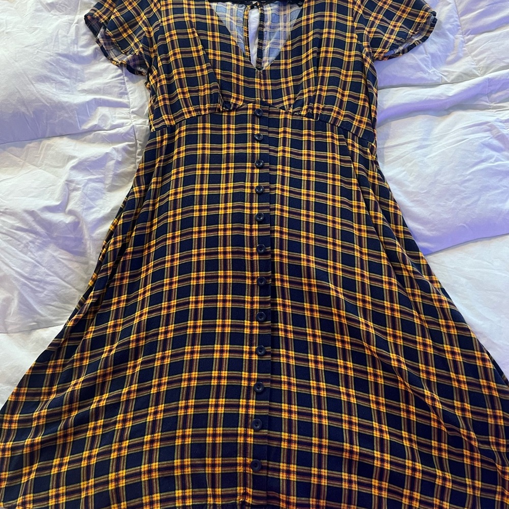 Sequin Hearts Black and Yellow Plaid Midi Dress